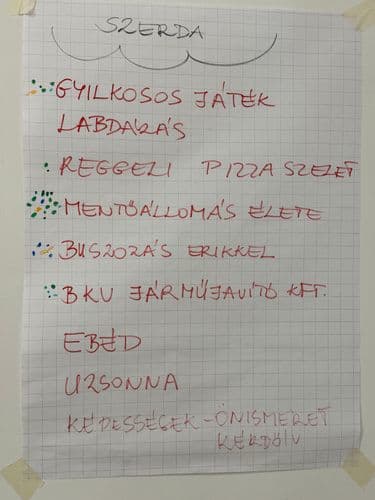 PO tábor 2024- a szerdai program plakátja a köv. feliratokkal: gyilkosos játék, labdázás, reggeli: pizzaszelet, mentőállomás élete, BKV járműjavító, ebéd, uzsona, képességek-önismeret kérdőív.